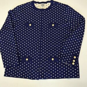 Anne Klein Lightweight Open Front Cardigan Blue White Polkadot Knit Size S